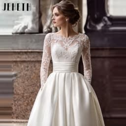 JEHETH Elegant Long Sleeves Satin Wedding Dress A-Line Lace With Pocket Bride Gowns Scoop Neck 2027 Customized Bridal Dresses