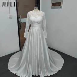 JEHETH Elegant Long Sleeves Satin Wedding Dress A-Line Lace With Pocket Bride Gowns Scoop Neck 2027 Customized Bridal Dresses