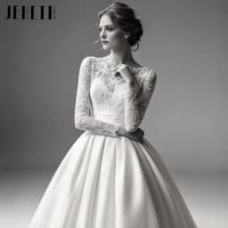 JEHETH Elegant Long Sleeves Satin Wedding Dress A-Line Lace With Pocket Bride Gowns Scoop Neck 2027 Customized Bridal Dresses