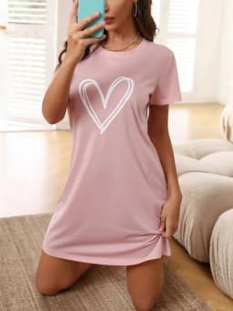 Plus Size Loungewear Nightdress Women's Heart Print Short Sleeve Sexy Crew Neck Home Dress Sexy Nightwear Romantic Ladies