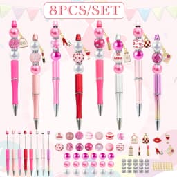 8PCS Pink Rose Women's Popular Cosmetic Lipstick Perfume Leather Bag Valentine's Day DIY Beaded Ballpoint Pen&Acrylic Bead Set