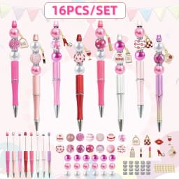 8PCS Pink Rose Women's Popular Cosmetic Lipstick Perfume Leather Bag Valentine's Day DIY Beaded Ballpoint Pen&Acrylic Bead Set
