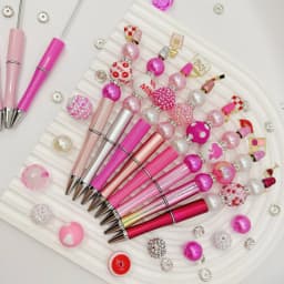 8PCS Pink Rose Women's Popular Cosmetic Lipstick Perfume Leather Bag Valentine's Day DIY Beaded Ballpoint Pen&Acrylic Bead Set