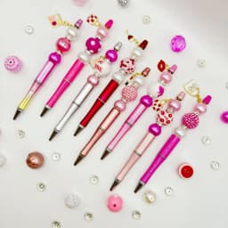 8PCS Pink Rose Women's Popular Cosmetic Lipstick Perfume Leather Bag Valentine's Day DIY Beaded Ballpoint Pen&Acrylic Bead Set