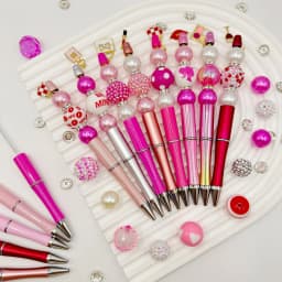 8PCS Pink Rose Women's Popular Cosmetic Lipstick Perfume Leather Bag Valentine's Day DIY Beaded Ballpoint Pen&Acrylic Bead Set