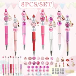 8PCS Pink Rose Women's Popular Cosmetic Lipstick Perfume Leather Bag Valentine's Day DIY Beaded Ballpoint Pen&Acrylic Bead Set