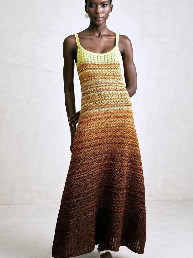 Luxury Brand Design Women Elegant Boho African Golden Sequins Maxi Sleeveless Evening Party Vacation Dress Knitted Lady Clothing