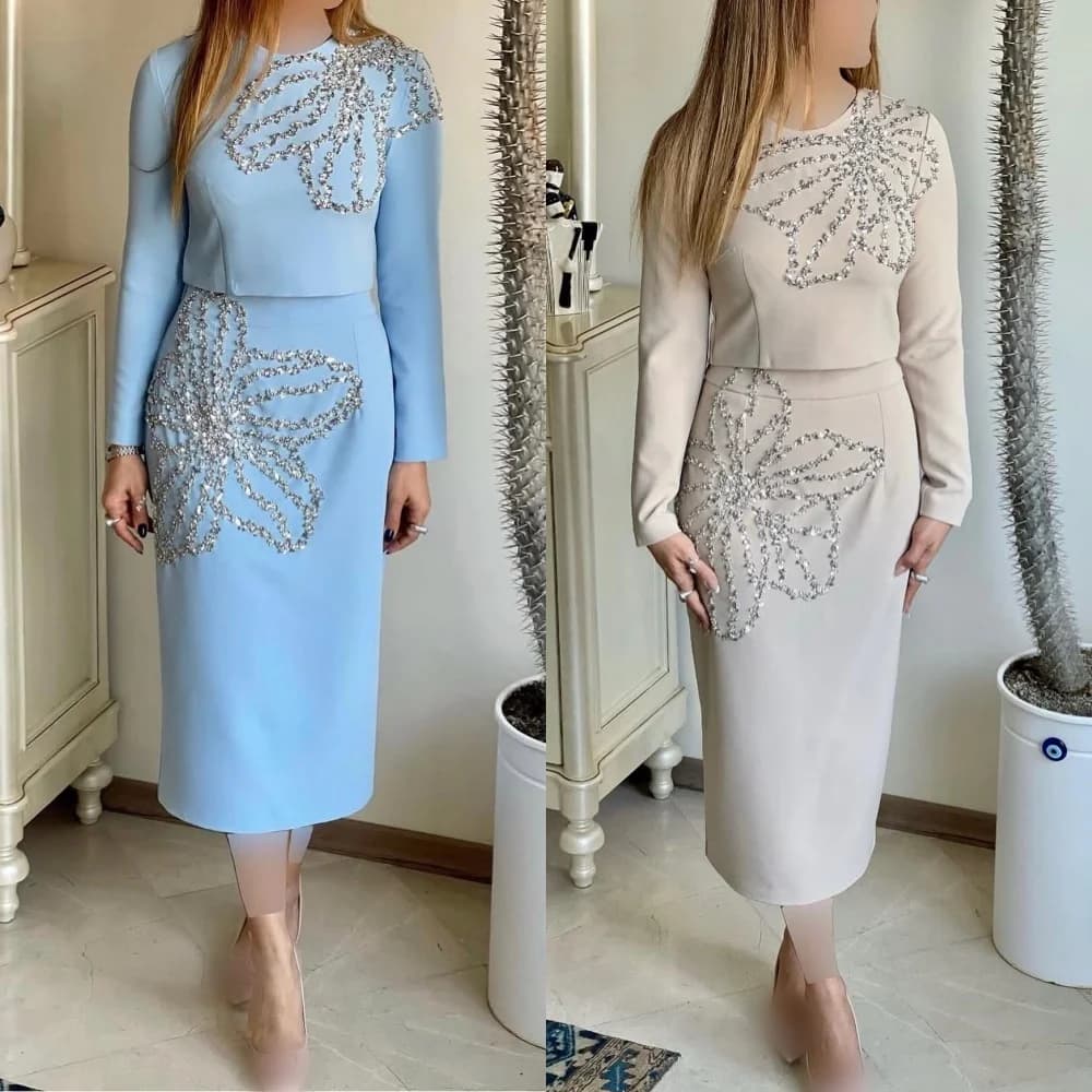 Customized Jersey Pattern Sequined Straight O-Neck Midi Dresses Bespoke Occasion Party Formal Simple Matching