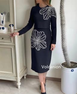 Customized Jersey Pattern Sequined Straight O-Neck Midi Dresses Bespoke Occasion Party Formal Simple Matching