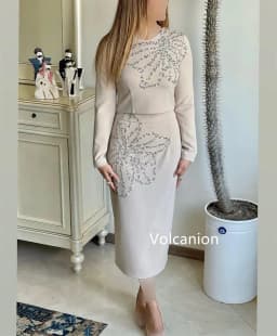 Customized Jersey Pattern Sequined Straight O-Neck Midi Dresses Bespoke Occasion Party Formal Simple Matching