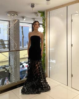 Toofgon Strapless Black Mermaid Long Evening Dresses Customized 3D Lace Skrit Special Occasion Formal Party Dress Prom Gowns