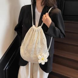 Solid Color Knitting Shoulder Bag Large Capacity Bohemian Crochet Backpack Hollow Out Versatile Beach Travel Tote Bag For Women