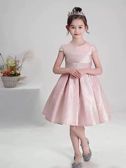 DIDEYTTAAL Customized Pink Shining Satin Flower Girl DressShort Wedding Birthday Party Gown Girls Princess Formal Pageant Bowtie