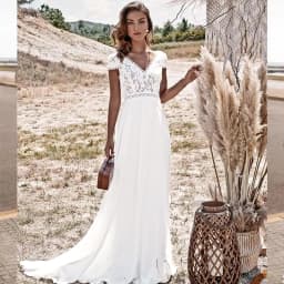 Vintage Lace Wedding Dress Short Sleeve V Neck A Line Chiffon Bridal Gowns Backless Sweep Train Boho Beach Robe De Noiva 2026