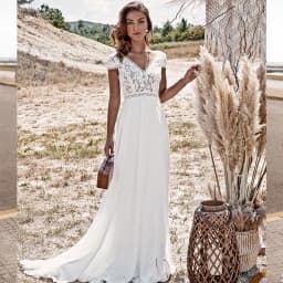 Vintage Lace Wedding Dress Short Sleeve V Neck A Line Chiffon Bridal Gowns Backless Sweep Train Boho Beach Robe De Noiva 2026