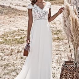 Vintage Lace Wedding Dress Short Sleeve V Neck A Line Chiffon Bridal Gowns Backless Sweep Train Boho Beach Robe De Noiva 2026