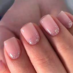 24Pcs Short Square Coffin False Nails Square Fake Nails with Glue French Glitter Wearable Acrylic Nails Set Press on Nail Tips