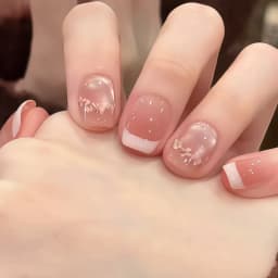 24Pcs Short Square Coffin False Nails Square Fake Nails with Glue French Glitter Wearable Acrylic Nails Set Press on Nail Tips