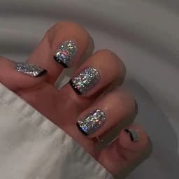 24Pcs Short Square Coffin False Nails Square Fake Nails with Glue French Glitter Wearable Acrylic Nails Set Press on Nail Tips