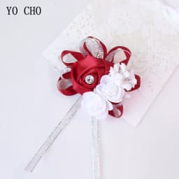 YO CHO Silk Roses White Wrist Corsage Wrist Flowers for Bridesmaids Flower Bracelet Pink Blue Bridal Sisters Wedding Accessories