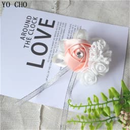YO CHO Silk Roses White Wrist Corsage Wrist Flowers for Bridesmaids Flower Bracelet Pink Blue Bridal Sisters Wedding Accessories