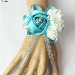 YO CHO Silk Roses White Wrist Corsage Wrist Flowers for Bridesmaids Flower Bracelet Pink Blue Bridal Sisters Wedding Accessories