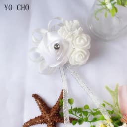 YO CHO Silk Roses White Wrist Corsage Wrist Flowers for Bridesmaids Flower Bracelet Pink Blue Bridal Sisters Wedding Accessories