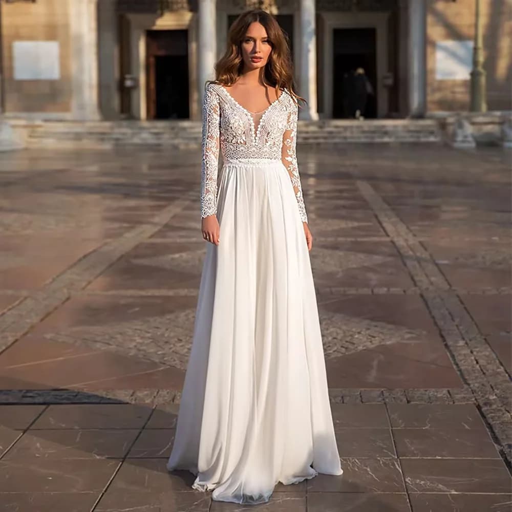 Long Sleeve Lace Wedding Dress Deep V Neck Chiffon Bridal Gown Back Buttons A-Line Floor Length Custom Bohemian Wedding Dress