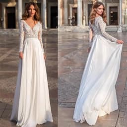 Long Sleeve Lace Wedding Dress Deep V Neck Chiffon Bridal Gown Back Buttons A-Line Floor Length Custom Bohemian Wedding Dress