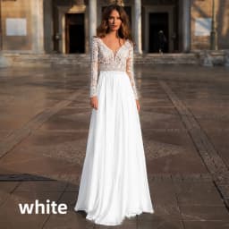 Long Sleeve Lace Wedding Dress Deep V Neck Chiffon Bridal Gown Back Buttons A-Line Floor Length Custom Bohemian Wedding Dress
