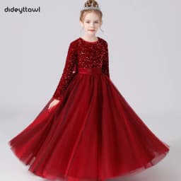 Dideyttawl Customized Junior Girls Formal Party Princess Gown Long Sleeve Grey Sequins Flower Girls Dress Wedding Birthday Party