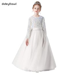 Dideyttawl Customized Junior Girls Formal Party Princess Gown Long Sleeve Grey Sequins Flower Girls Dress Wedding Birthday Party