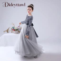 Dideyttawl Customized Junior Girls Formal Party Princess Gown Long Sleeve Grey Sequins Flower Girls Dress Wedding Birthday Party