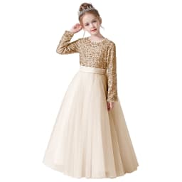 Dideyttawl Customized Junior Girls Formal Party Princess Gown Long Sleeve Grey Sequins Flower Girls Dress Wedding Birthday Party