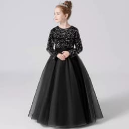 Dideyttawl Customized Junior Girls Formal Party Princess Gown Long Sleeve Grey Sequins Flower Girls Dress Wedding Birthday Party