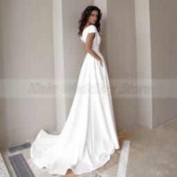 Customized Modest V-Neck Civil Wedding Dress With Slit For Women Simple Cap Sleeve Sweep Train A Line Bridal Gown Pockets Custom