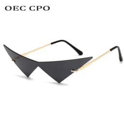 OEC CPO Oversized Cat Eye Rimless Sunglasses Women Fashion One Piece Lens Sun Glasses Female Trend Triangle Eyewear Men UV400