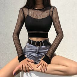 Sexy Black Hollow Out Mesh Female Skinny Crop Top New Fashion Summer Basic Tops For Women Fishnet Shirt