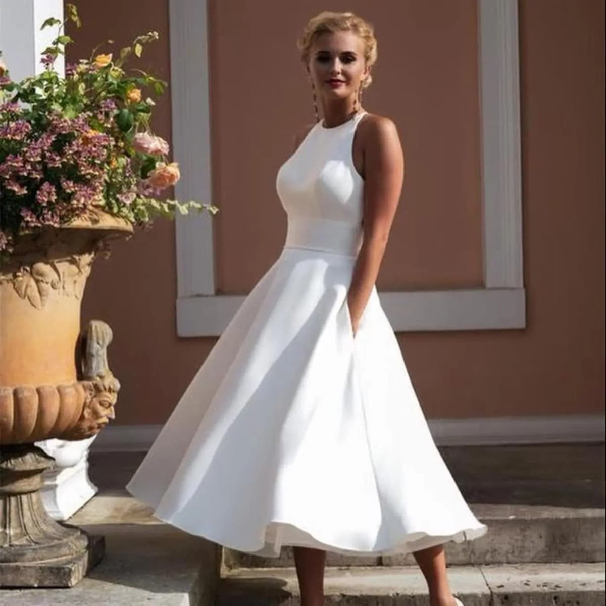 Satin Wedding Dress Short Sleeveless Halter Neck A Line Tea Length Bridal Gowns Backless Lace Pockets Simple Robe De Noiva 2026