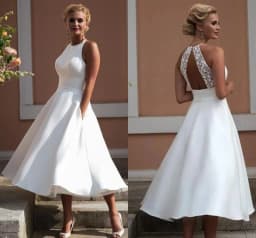 Satin Wedding Dress Short Sleeveless Halter Neck A Line Tea Length Bridal Gowns Backless Lace Pockets Simple Robe De Noiva 2026