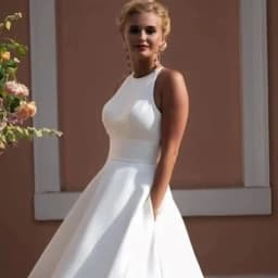 Satin Wedding Dress Short Sleeveless Halter Neck A Line Tea Length Bridal Gowns Backless Lace Pockets Simple Robe De Noiva 2026