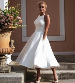 Satin Wedding Dress Short Sleeveless Halter Neck A Line Tea Length Bridal Gowns Backless Lace Pockets Simple Robe De Noiva 2026