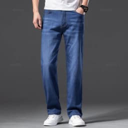 Men Jeans Classic Summer Lyocell Cotton Straight Stretch Brand Denim Pants Overalls Light Blue Fit Trouser Plus Size 40 42