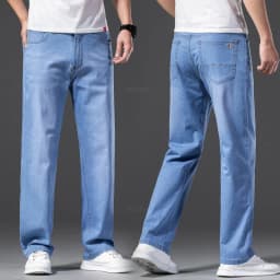Men Jeans Classic Summer Lyocell Cotton Straight Stretch Brand Denim Pants Overalls Light Blue Fit Trouser Plus Size 40 42