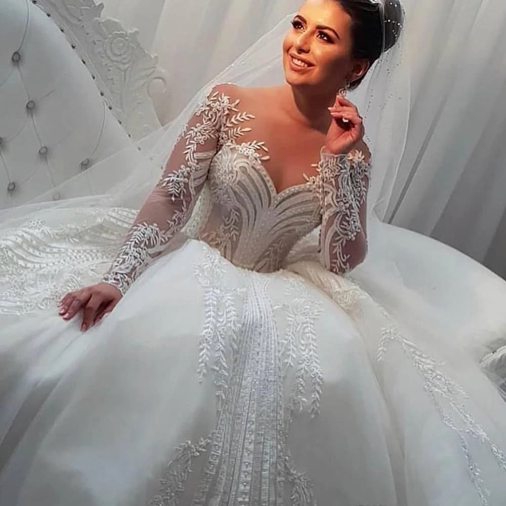 Elegant Vestidos De Noiva Plus Size Wedding Dress Customized Long Sleeve Svatební šaty Ball Gown Lace Cвадебное платье