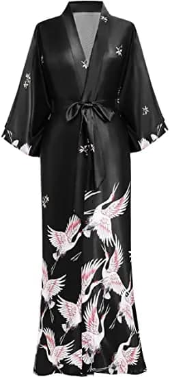 Print Crane Lady Kimono Bathrobe Gown Women Wedding Robe Loose Soft Satin Nightgown Sleepwear V-neck Long Novelty Nightwear
