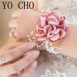 YO CHO Wrist Corsage Wedding Bracelet for Bridesmaid Burgundy Silk Wrist Corsage Bridesmaid Sisters Hand Flowers Men Boutonniere
