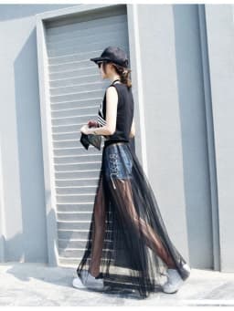 2024 Summer Long Lace Skirt Women Black White Mesh Voile Casual Skirts Low Waist Bohemian Sexy Transparent Maxi Wear