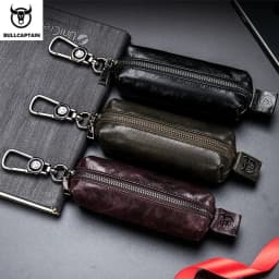 BULLCAPTAIN Genuine Leather Men's Car Keychain Leather Key Case High Quality Men's Butler Key Clip Zipper Two Card Key Case