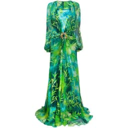 Long Green Printed Deep V-neck Dress Jewelry Buckle Banquet Dress Summer Impreso Saten Floral Formal Bridal Party Beach